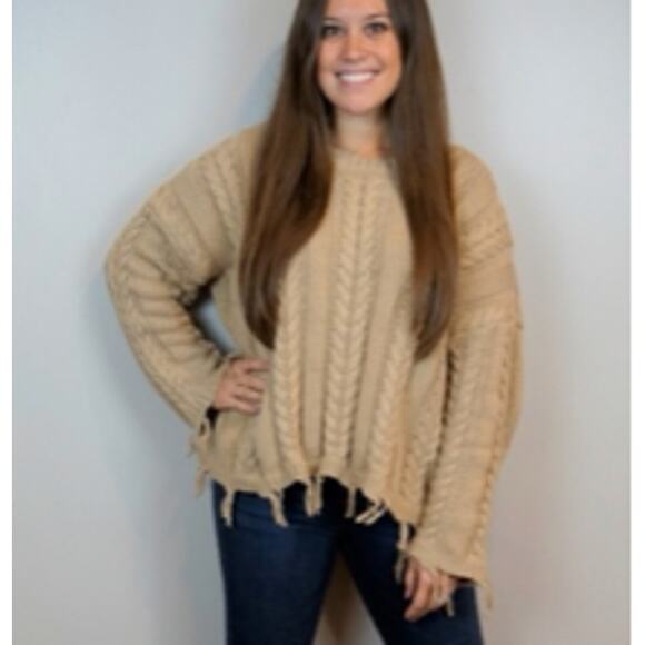 New Umgee Medium M Brown Sand Fringe Cableknit Crew Neck Sweater Pullover Cotton - Picture 9 of 9